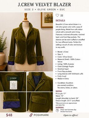 J.Crew Olive Green Velvet Blazer | Size 2 | Excellent Condition